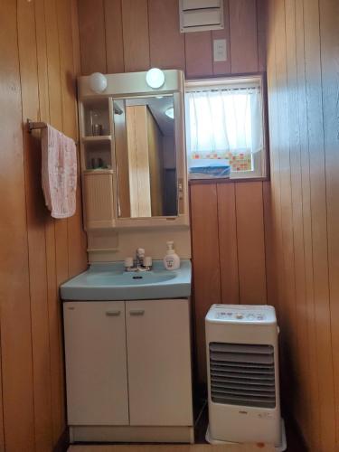 een kleine badkamer met een wastafel en een spiegel bij Guest House EBISAN in Furano
