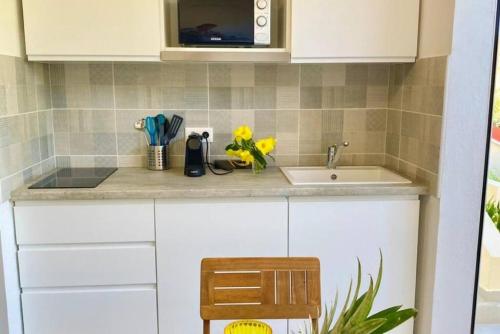eine Küchentheke mit einer Spüle und einer Mikrowelle in der Unterkunft Beautiful suite S15, pool, next to Pinel Island in Cul de Sac