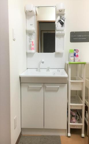 a bathroom with a sink and a mirror at Guesthouse Hakuka in Kanazawa