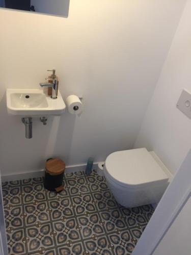 a bathroom with a toilet and a sink at Vakantiewoning Petit Watou in Poperinge