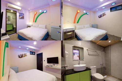 a collage of three pictures of a hotel room at Amir B&B train station & elevator with parking lot in Hualien City