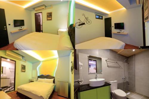 a collage of three pictures of a hotel room at Amir B&B train station & elevator with parking lot in Hualien City