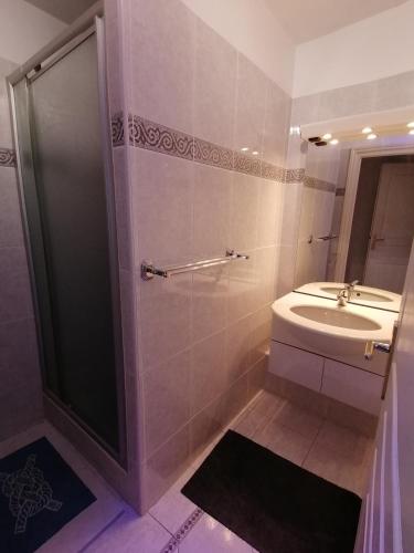 une salle de bain avec douche et lavabo dans l'établissement Appartement triangle d'or Saint Raphaël, à Saint-Raphaël