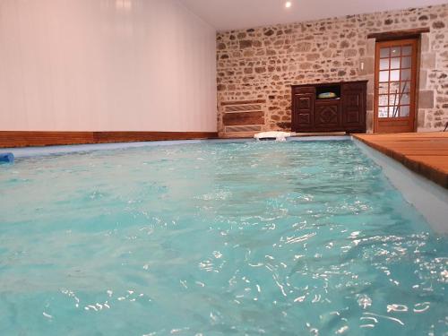 a large swimming pool with blue water in a room at Auverg'Nature Chambre Cocon in Espinasse