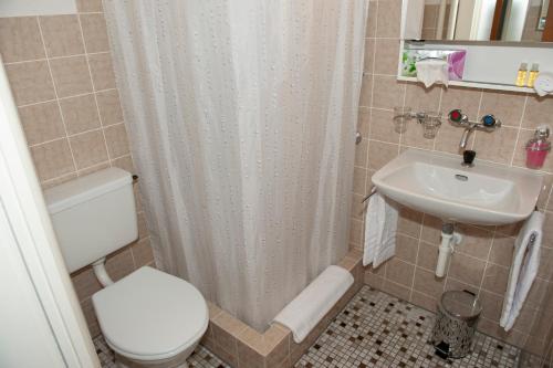 a bathroom with a toilet and a sink at Hotel Sporting in Marbach