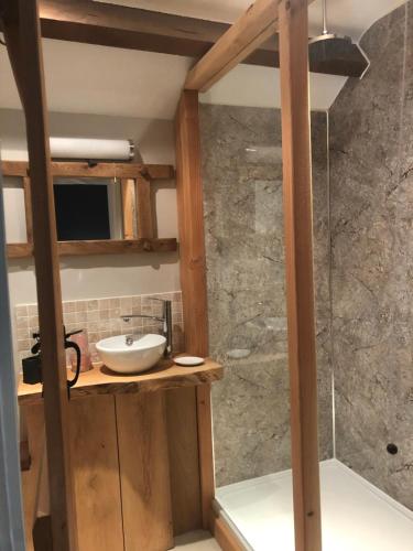 a bathroom with a sink and a shower at Orchard House in Rosedale Abbey