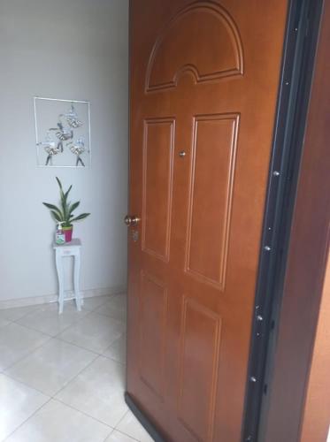 a wooden door in a room with a potted plant at Marys house in Markopoulo