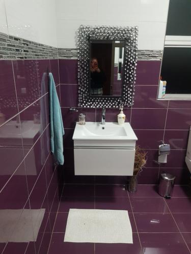 a purple bathroom with a sink and a mirror at AGT Guesthouse in Vryheid