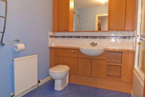 ein Badezimmer mit einem WC, einem Waschbecken und einem Spiegel in der Unterkunft Comfortable, self contained 2 double beds town apartment near Pittodrie Stadium in Aberdeen