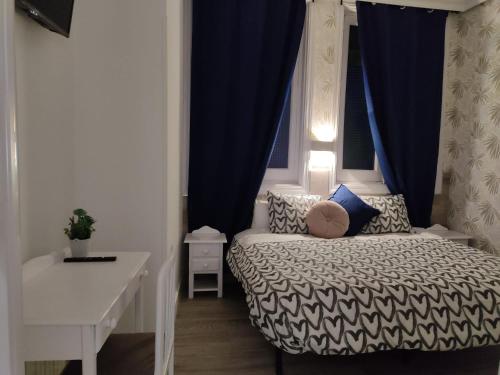 a small bedroom with a bed and a desk at Hostal Alfaro in Madrid