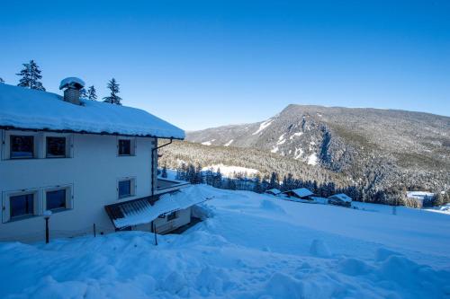a building covered in snow with a mountain in the background at Chalet Alpina in Ortisei