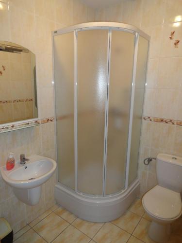 a bathroom with a shower and a toilet and a sink at Hotel Wielkopolanka in Środa Wielkopolska