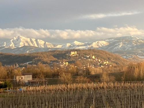 a village on a hill with snow covered mountains at Cascina La Maddalena Bed & Wine in Rocca Grimalda