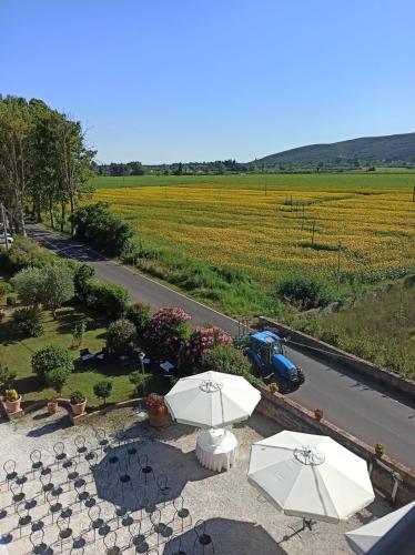 an aerial view of a garden with umbrellas and a field at Relais Villa Poschi in Pugnano