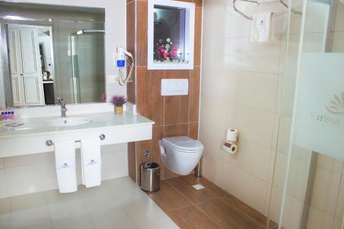 a bathroom with a toilet and a sink and a mirror at Sarissa Hotel in Istanbul