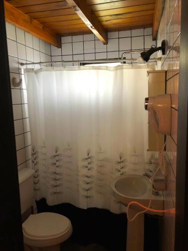 a bathroom with a white shower curtain and a toilet at Apart Haiken in El Calafate