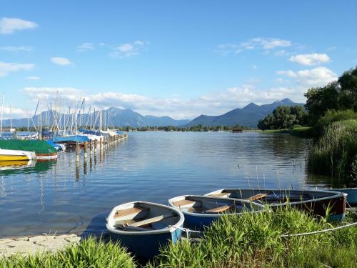 two boats are docked at a dock on a lake at Hotel zur Post in Rohrdorf