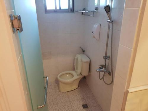 La salle de bains est pourvue d'une cabine de douche et de toilettes. dans l'établissement Chu Han C&C B&B Homestay, à Madou