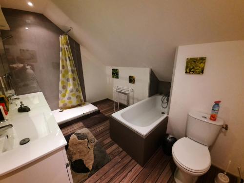 Rubrouck的住宿－La Flandre entre plaine, mer et marais，带浴缸、卫生间和盥洗盆的浴室
