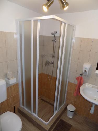 uma casa de banho com um chuveiro, um WC e um lavatório. em Katica Vendégház em Bakonybél