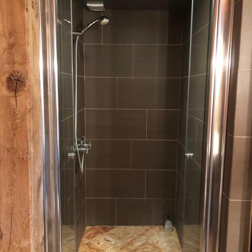 une cabine de douche avec une porte en verre et une douche. dans l'établissement Cottage les Forières, à Saint-Honoré