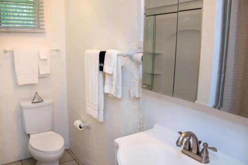 a bathroom with a toilet and a sink and a mirror at Cedar Cove Resort & Cottages in Holmes Beach