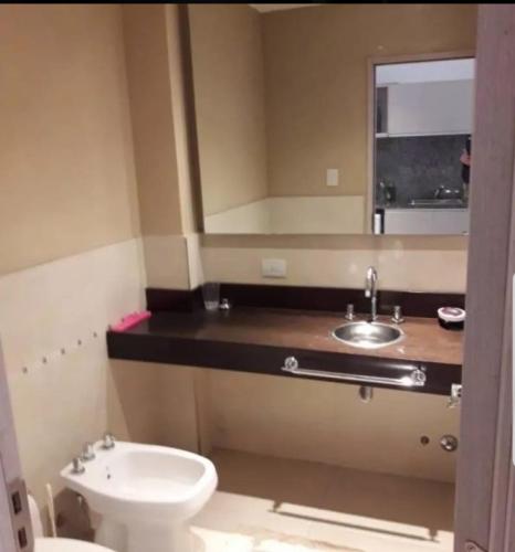 a bathroom with a toilet and a sink and a mirror at Nordelta Condominio Loft Bahia Grande Monoambiente de 40 m2 in Benavídez