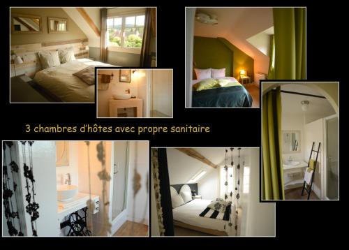 a collage of three pictures of a bedroom at Chambre d`hôtes La Roseraie in Lucenay-lʼÉvêque