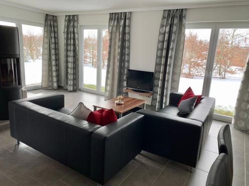 ein Wohnzimmer mit 2 Sofas und einem Flachbild-TV in der Unterkunft Ferienhaus am Schaalsee in Zarrentin
