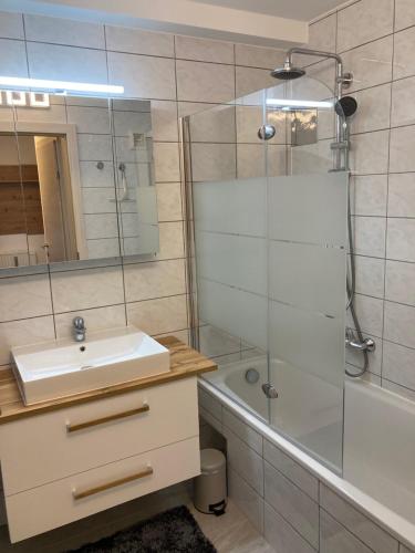 a bathroom with a sink and a shower at Apartment Weingartenblick - Glanzerhof in Gamlitz