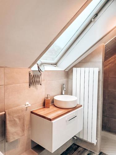 a bathroom with a sink and a skylight at Chambres Privées dans une maison de charme in Saint-Brice-sous-Forêt
