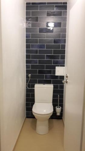 a bathroom with a toilet with a blue tiled wall at Appartment Zentrum Wels in Wels