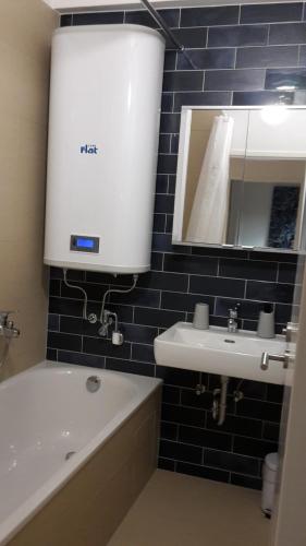 ein Badezimmer mit einem Waschbecken, einer Badewanne und einem Spiegel in der Unterkunft Appartment Zentrum Wels in Wels