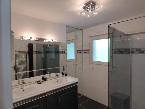 塞尼奧斯的住宿－Villa Baïne 8p seignosse，一间带水槽和玻璃淋浴的浴室