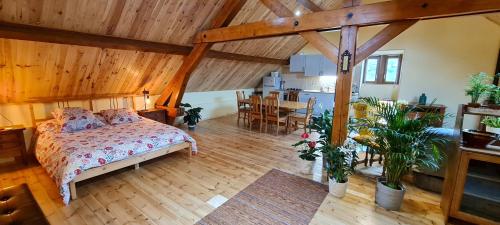 ein Schlafzimmer mit einem Bett und eine Küche in einem Zimmer in der Unterkunft Loft mansardé du train jaune avec vue sur les montagnes in Saillagouse