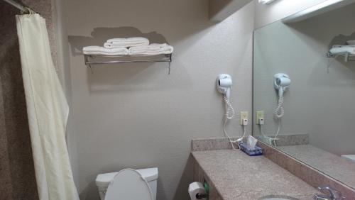a bathroom with a toilet and a shower and a phone at Regency Inn and Suites Humble in Humble