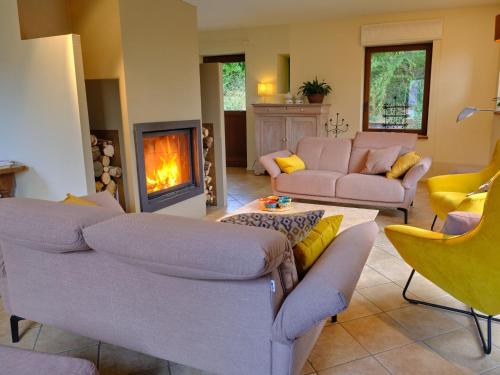 uma sala de estar com dois sofás e uma lareira em Quaint Holiday Home in Robechies amid Meadows em Chimay