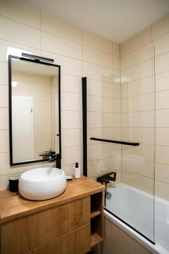 a bathroom with a sink and a tub and a mirror at Skylark - Manhattan Penthouse with Jacuzzi & Panoramic View in Braşov
