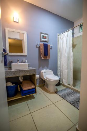 a bathroom with a toilet and a sink and a shower at Casa Pakal in Puerto Morelos