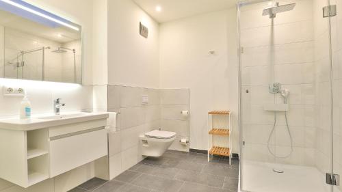 ein Bad mit einer Dusche, einem WC und einem Waschbecken in der Unterkunft Strandhaus Zingst Penthouse Seeblick in Zingst