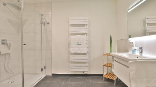 a bathroom with a shower and a sink at Strandhaus Zingst Apartment 14 in Zingst