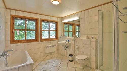 La salle de bains est pourvue de toilettes, d'un lavabo et d'une douche. dans l'établissement Heideröschen Park Heideröschen 7a, à Zingst