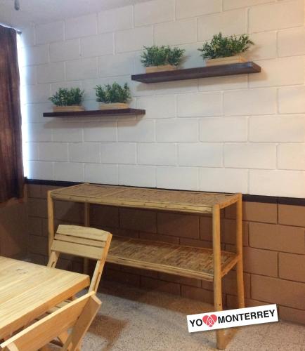 a table against a wall with potted plants on it at Departamento completo a pasos de Santa Lucia mty in Monterrey