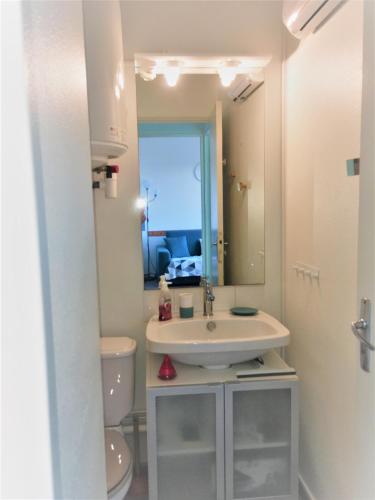 une salle de bain avec un lavabo, des toilettes et un miroir dans l'établissement Cabourg, T2 parfait pour vous ! Proche plage et centre-ville, 2 à 4 pers., à Cabourg