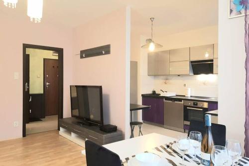 a living room with a dining table and a kitchen at Luxury KINGS RESIDENCE 50m2 2 pok. Downtown Dobrego Pasterza PIĘKNY in Kraków