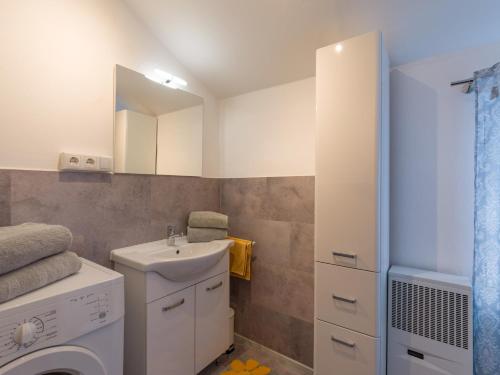 Un baño con lavabo y lavadora. en Grabner Riedleiten Bienenhaus, en Oberaudorf