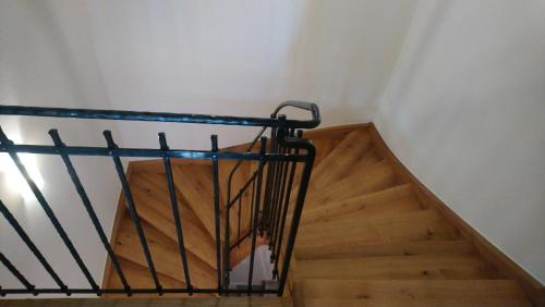 a dog is walking down a wooden stairs at Ferienhaus Reiter Jochberg bei Kitzbühel in Jochberg
