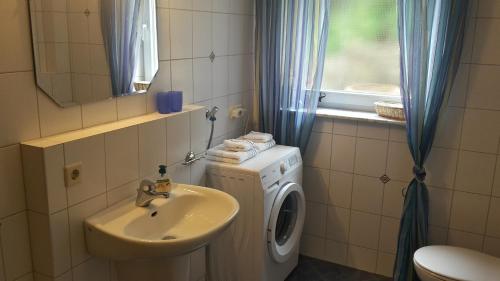ein Badezimmer mit einer Waschmaschine und einem Waschbecken in der Unterkunft Seeholiday - Ferienwohnung Korte in Meersburg