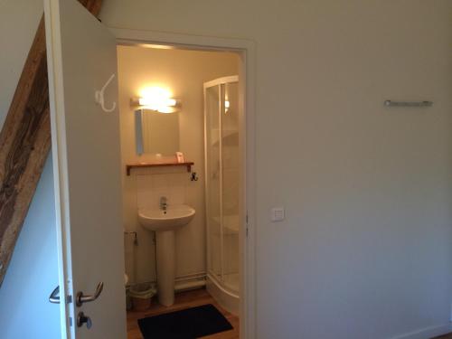 a bathroom with a sink and a toilet and a mirror at Couvent de Saint-Ulrich in Sarrebourg