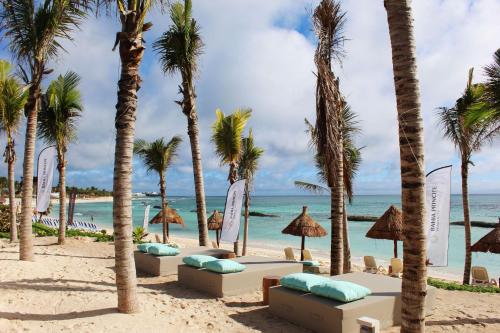 a beach with palm trees and lounge chairs and the ocean at Terrazas Apartments by Bahia Principe in Tulum